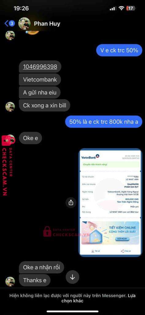 1046996398 PHAN GIA HUY VCB bị cảnh báo lừa đảo scam