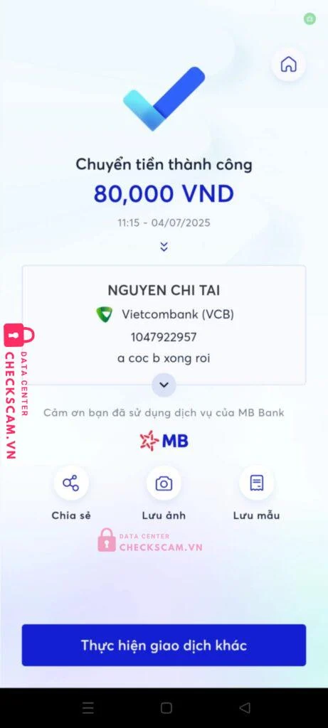 1047922957 NGUYEN CHI TAI VCB bị cảnh báo lừa đảo scam