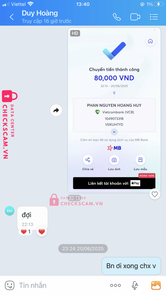 1049073318 PHAN NGUYEN HOANG DUY VCB bị cảnh báo lừa đảo scam