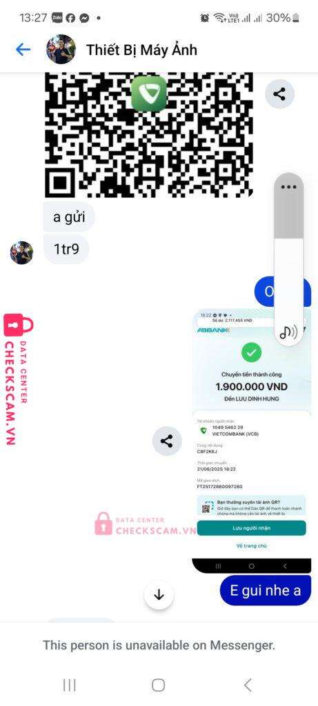 1049546229 LUU DINH HUNG VCB bị cảnh báo lừa đảo scam