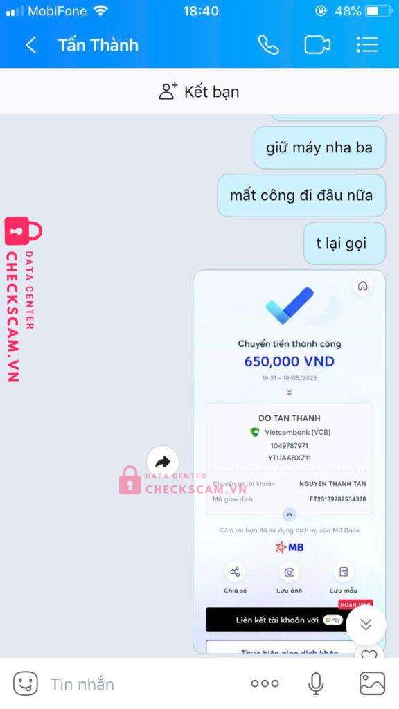 1049787971 Do Tan Thanh VCB bị cảnh báo lừa đảo scam