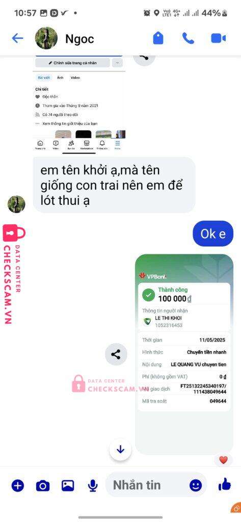 1052316453 Le Thi Khoi VCB bị cảnh báo lừa đảo scam