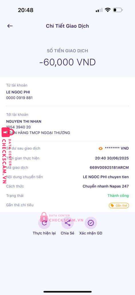 1054394020 NGUYEN THI NHAN VCB bị cảnh báo lừa đảo scam
