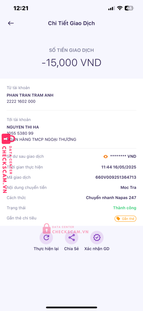 1055538099 Nguyen Thi Ha VCB bị cảnh báo lừa đảo scam