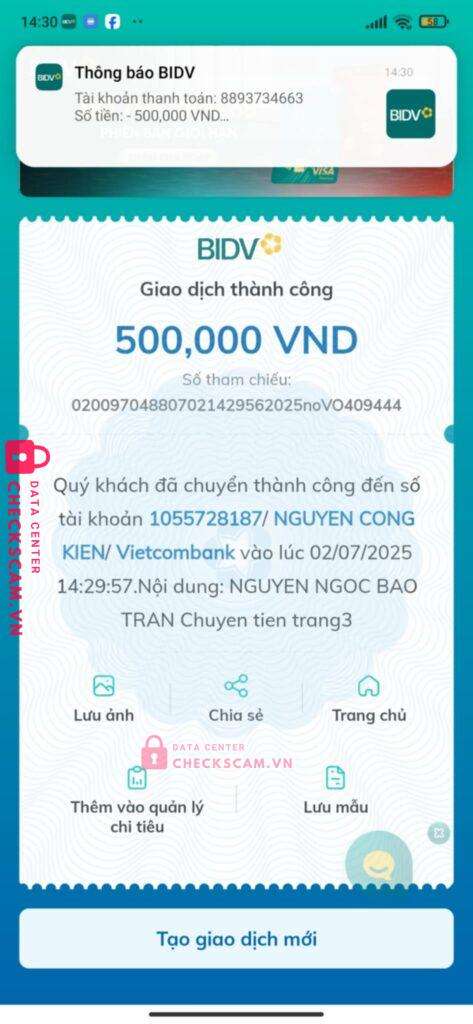 1055728187 NGUYEN CONG KIEN BIDV bị cảnh báo lừa đảo scam