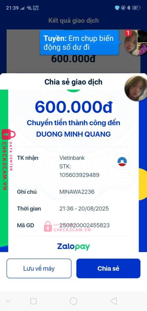 105603929489 DUONG MINH QUANG Vietinbank bị cảnh báo lừa đảo scam