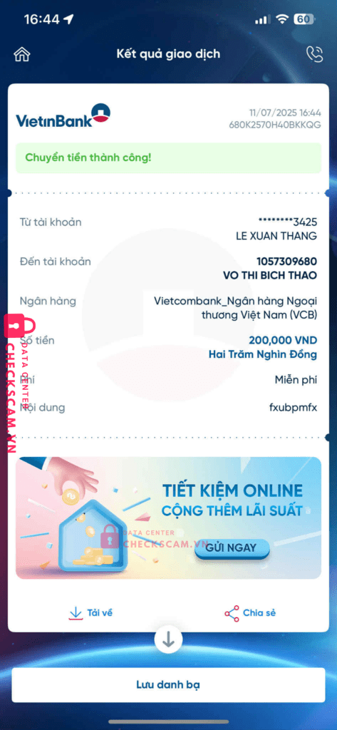 1057309680 VO THI BICH THAO VCB bị cảnh báo lừa đảo scam