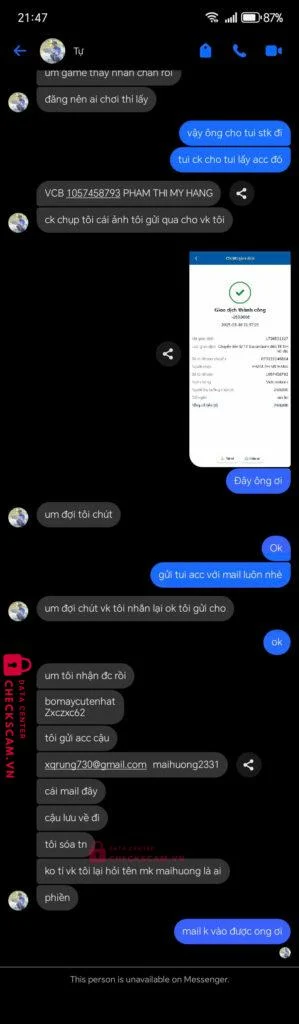 1057458793 PHAM THI MY HANG VCB bị cảnh báo lừa đảo scam
