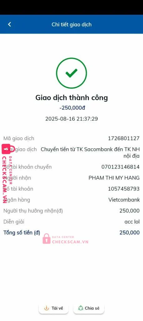 1057458793 PHAM THI MY HANG VCB bị cảnh báo lừa đảo scam
