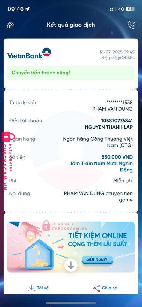105870776841 Nguyen Thanh Lap Vietinbank bị cảnh báo lừa đảo scam