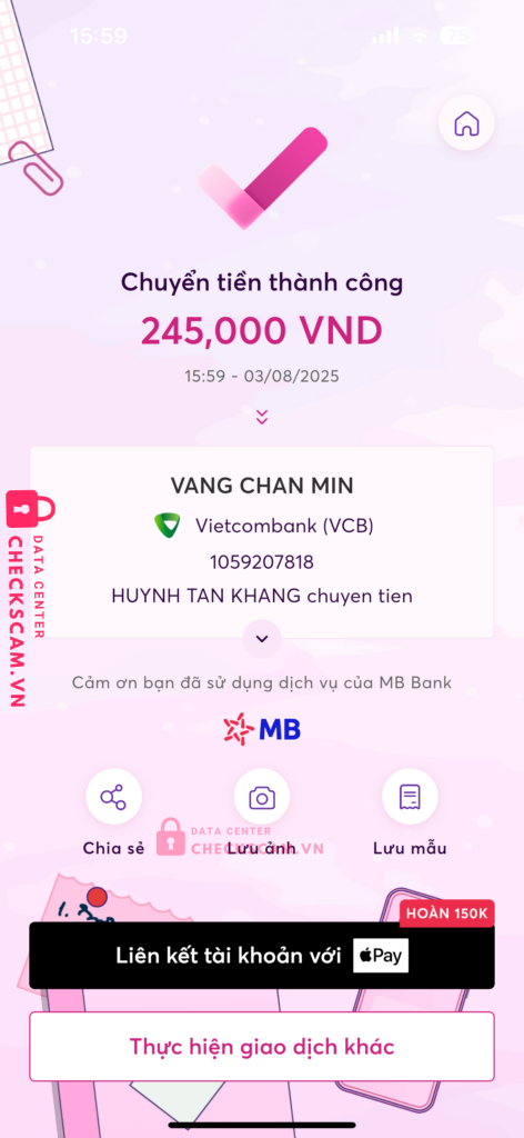 1059207818 VAN CHAN MIN VCB bị cảnh báo lừa đảo scam