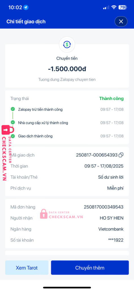 1059481922 HO SY HIEN VCB bị cảnh báo lừa đảo scam
