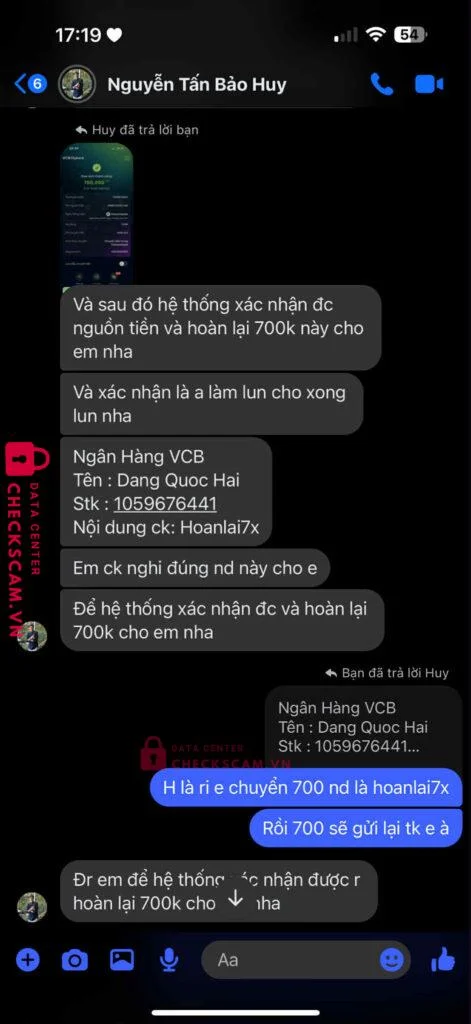 1059676441 DANG QUOC HAI VCB bị cảnh báo lừa đảo scam