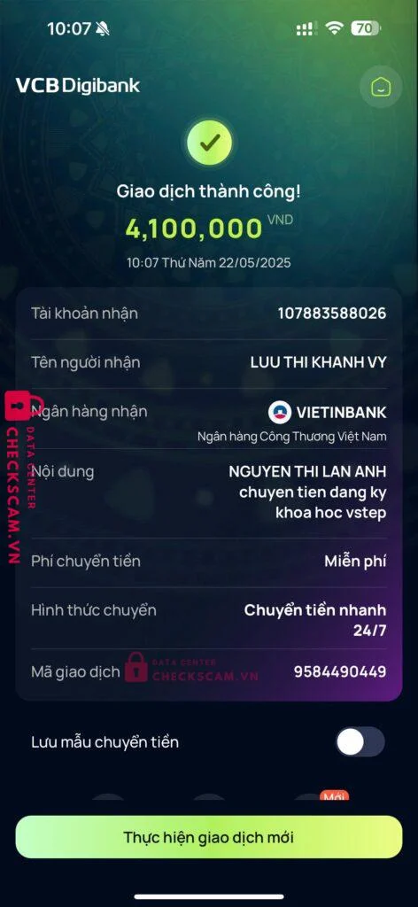 107883588026 LUU THI KHANH VY Vietinbank bị cảnh báo lừa đảo scam