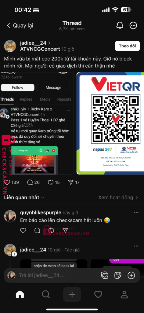 107907785229 LE THI NGOC HANG NCB bị cảnh báo lừa đảo scam