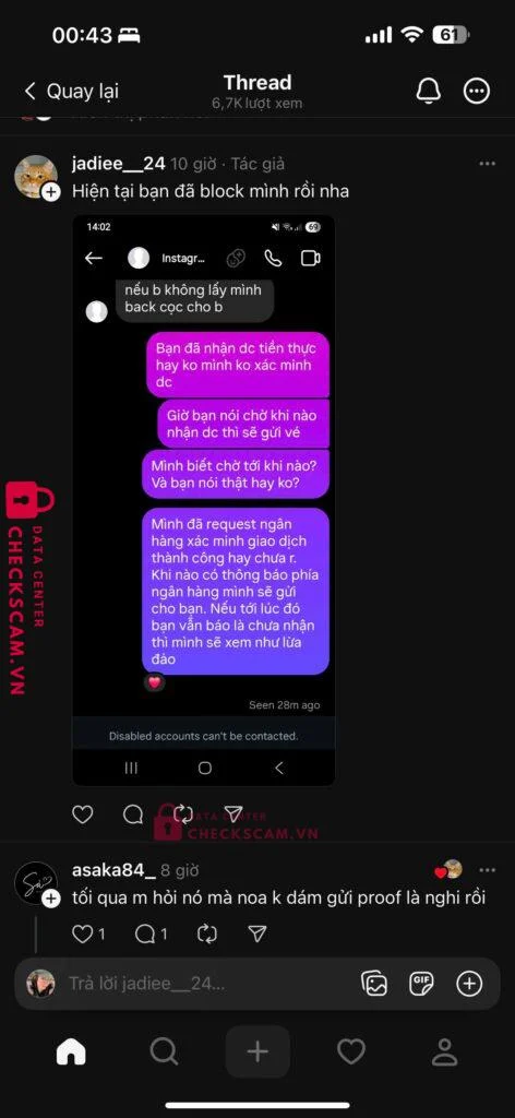 107907785229 LE THI NGOC HANG NCB bị cảnh báo lừa đảo scam