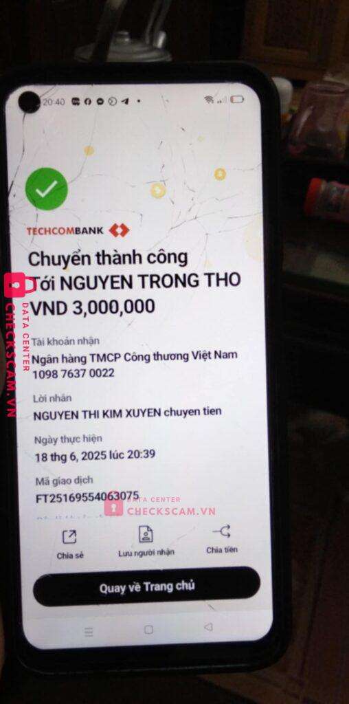 109876370022 NGUYEN TRONG THO MB bị cảnh báo lừa đảo scam
