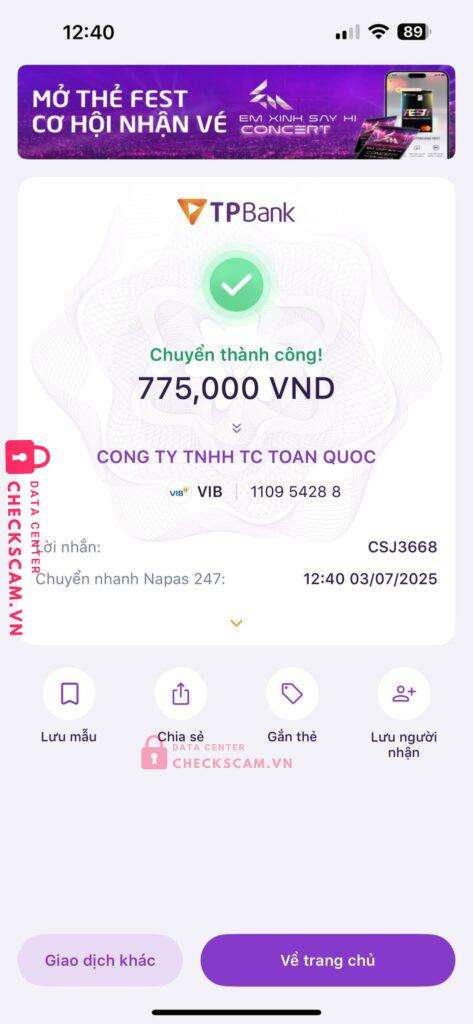 110954288 TC TOAN QUOC VIB bị cảnh báo lừa đảo scam