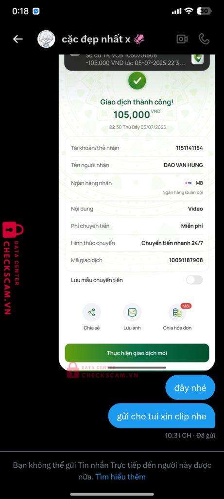 1151141154 DAO VAN HUNG MB bị cảnh báo lừa đảo scam