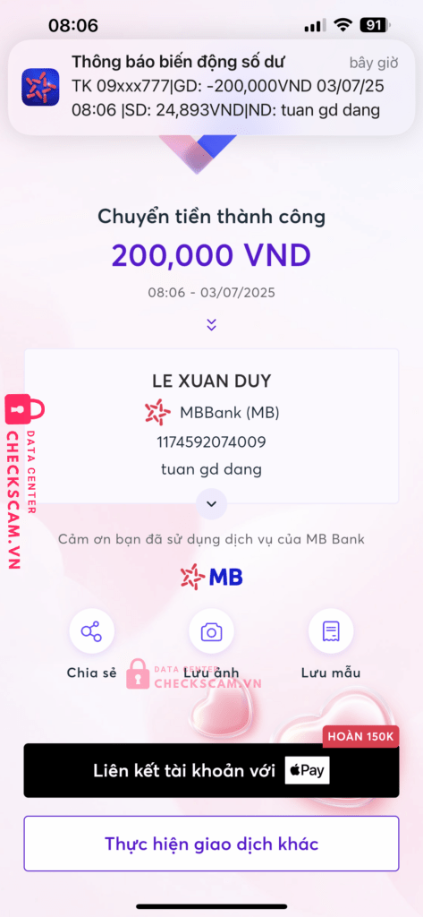 1174592074009 LE XUAN DUY MB bị cảnh báo lừa đảo scam