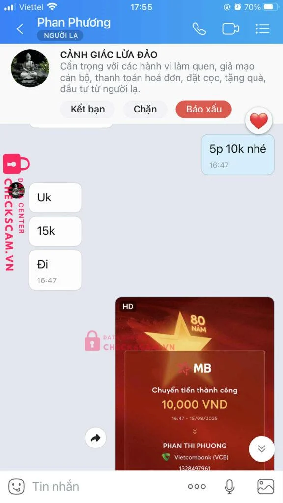 1328497961 PHAN THI PHUONG VCB bị cảnh báo lừa đảo scam
