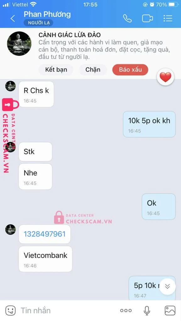 1328497961 PHAN THI PHUONG VCB bị cảnh báo lừa đảo scam