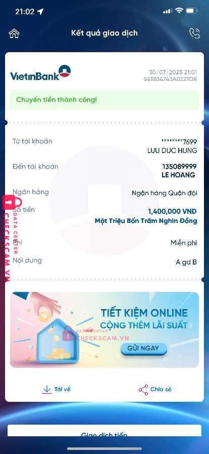135089999 LE HOANG MB BANK bị cảnh báo lừa đảo scam