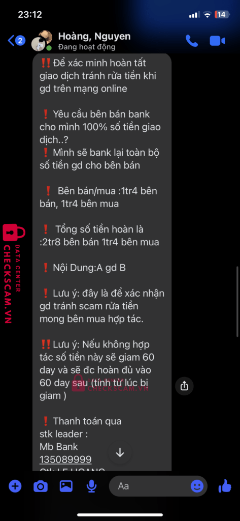 135089999 LE HOANG MB BANK bị cảnh báo lừa đảo scam