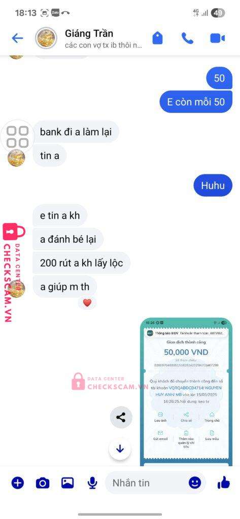 148919 Nguyen Huy Anh MB bị cảnh báo lừa đảo scam
