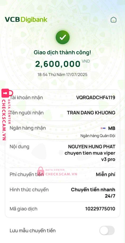 15102368686 TRAN DANG KHUONG MB bị cảnh báo lừa đảo scam