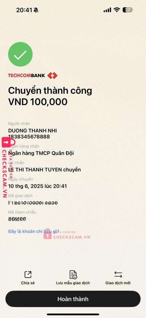 1838345678888 DUONG THANH NHI MB bị cảnh báo lừa đảo scam