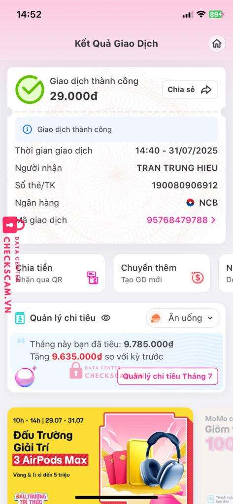 190080906912 - TRAN TRUNG HIEU - NCB Quốc Dân bị cảnh báo lừa đảo scam