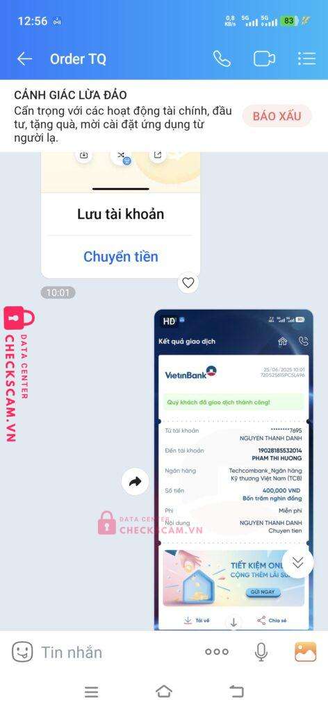 19028185532014 PHAM THI HUONG Techcombank bị cảnh báo lừa đảo scam