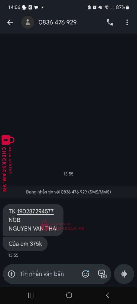 190287294577 NGUYEN VAN THAI NCB bị cảnh báo lừa đảo scam