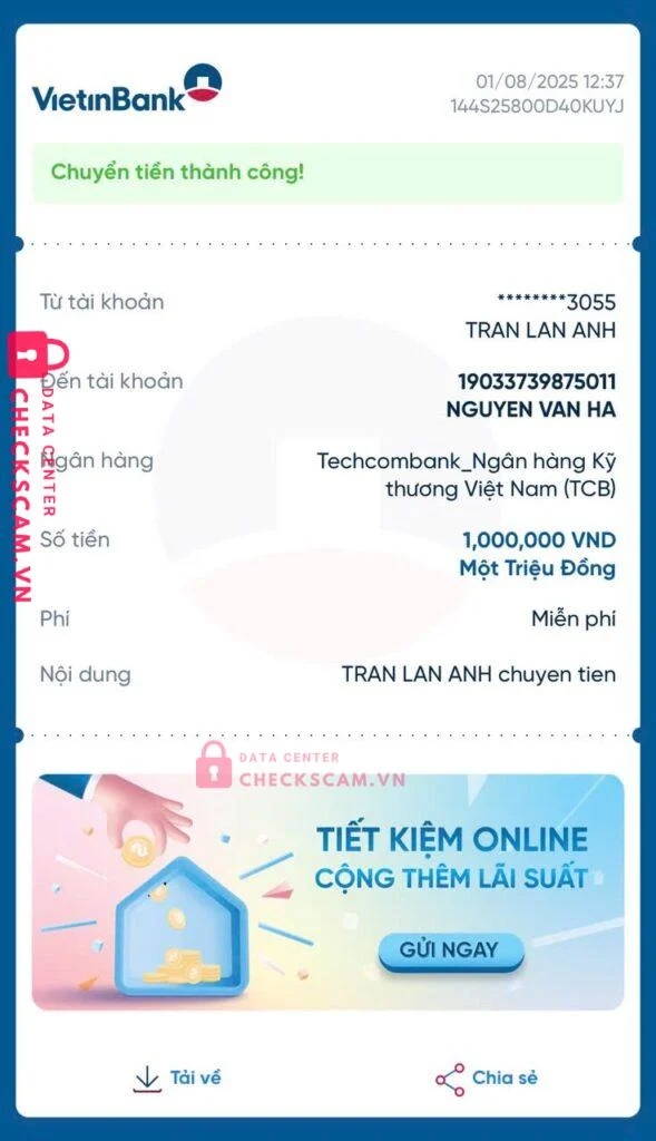 19033739875011 NGUYEN VAN HA Techcombank bị cảnh báo lừa đảo scam