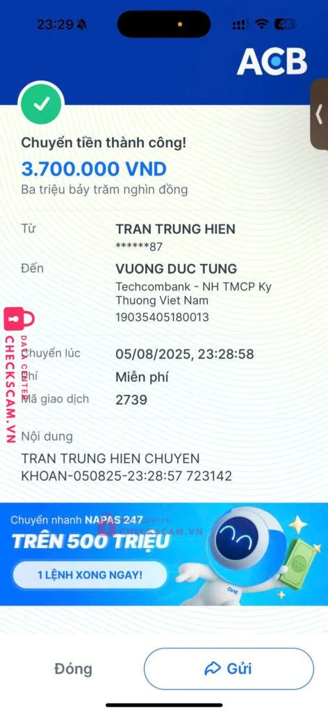 19035405180013 Vuong Duc Tung Techcombank bị cảnh báo lừa đảo scam