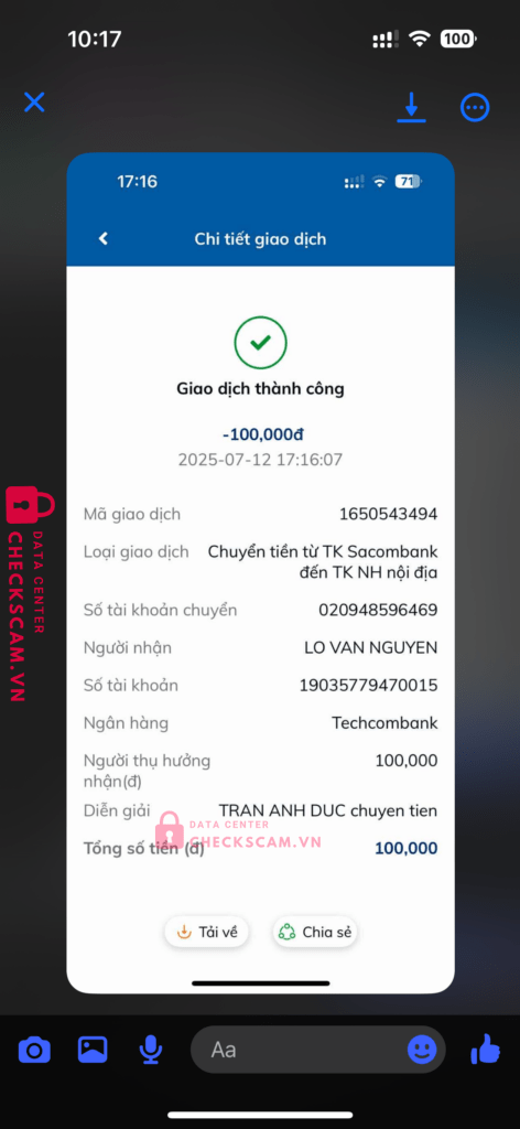 19035779470015 LO VAN NGUYEN Techcombank bị cảnh báo lừa đảo scam
