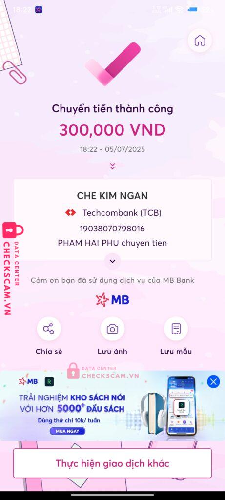 19038070798016 CHE KIM NGAN Techcombank bị cảnh báo lừa đảo scam