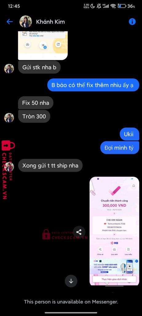 19038070798016 CHE KIM NGAN Techcombank bị cảnh báo lừa đảo scam