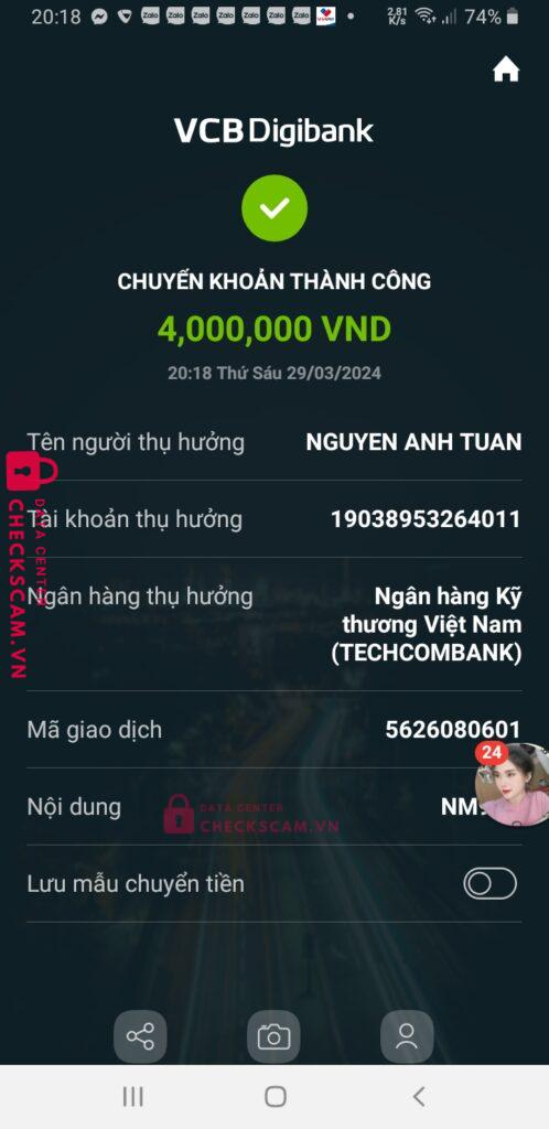 19038953264011 NGUYEN ANH TUAN Techcombank bị cảnh báo lừa đảo scam