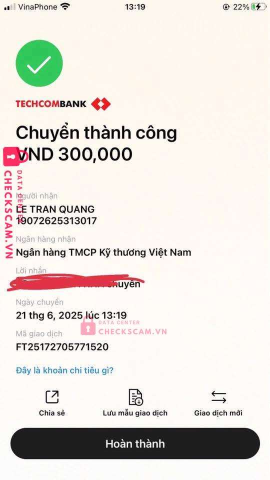 19072625313017 LE TRAN QUANG Techcombank bị cảnh báo lừa đảo scam