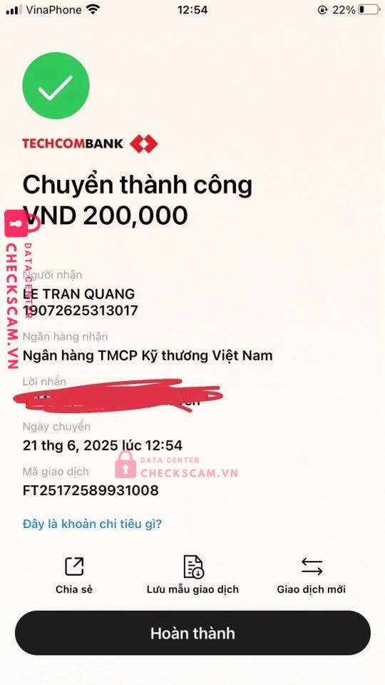 19072625313017 LE TRAN QUANG Techcombank bị cảnh báo lừa đảo scam
