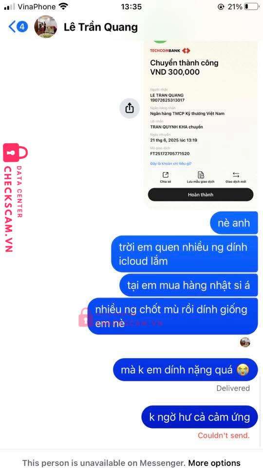 19072625313017 LE TRAN QUANG Techcombank bị cảnh báo lừa đảo scam