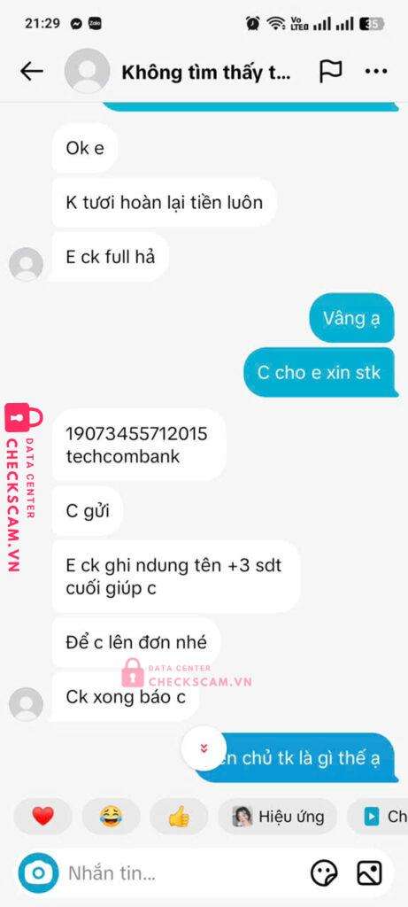 19073455712015 KHOANG THI KHANH HUYEN Techcombank bị cảnh báo lừa đảo scam