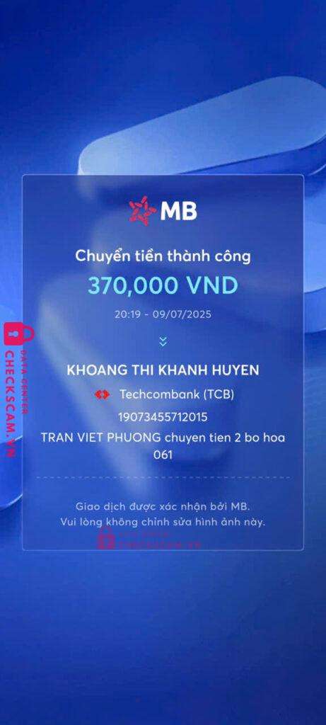 19073455712015 KHOANG THI KHANH HUYEN Techcombank bị cảnh báo lừa đảo scam