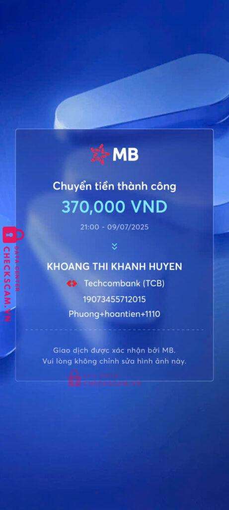 19073455712015 KHOANG THI KHANH HUYEN Techcombank bị cảnh báo lừa đảo scam