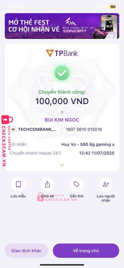 19073610015016 BUI KIM NGOC Techcombank bị cảnh báo lừa đảo scam