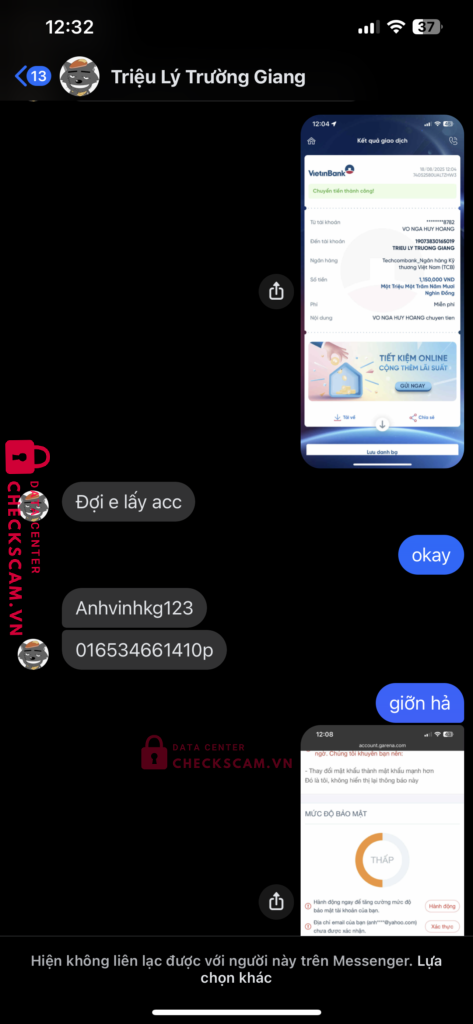 19073830165019 TRIEU LY TRUONG GIANG Techcombank bị cảnh báo lừa đảo scam