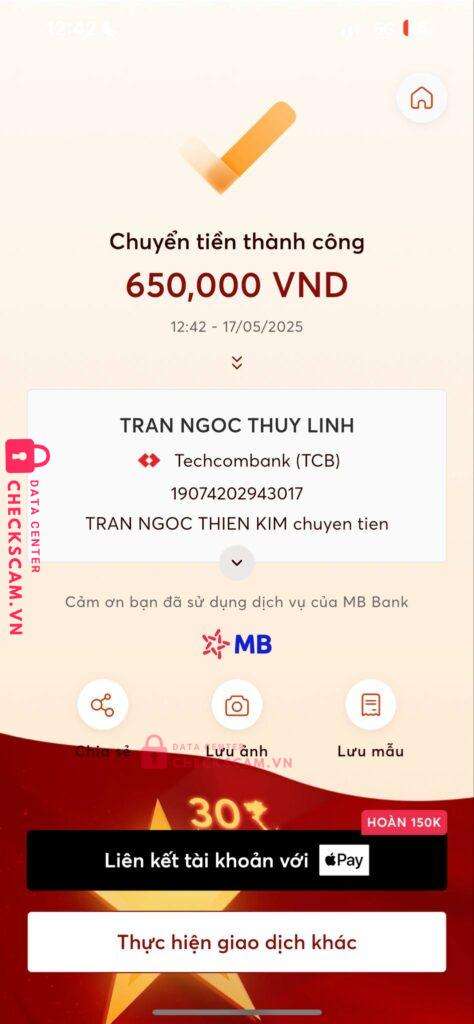 19074202943017 Tran Ngoc Thuy Linh Techcombank bị cảnh báo lừa đảo scam