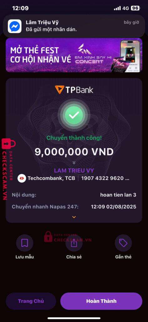 19074322962015 LAM TRIEU VY TECHCOMBANK bị cảnh báo lừa đảo scam